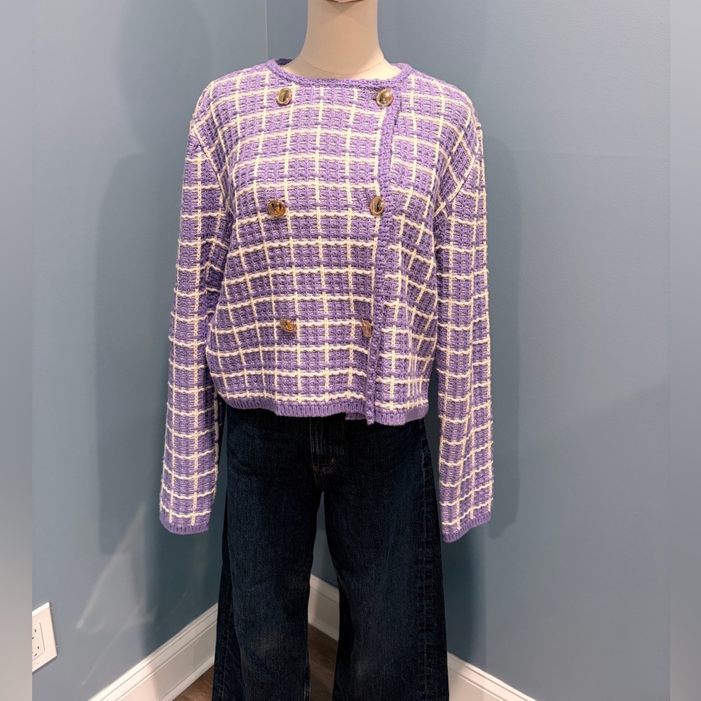 Ann Taylor Lavender Tweed Knit Cardigan Women’s Medium Cropped Button Jacket - Picture 3 of 10